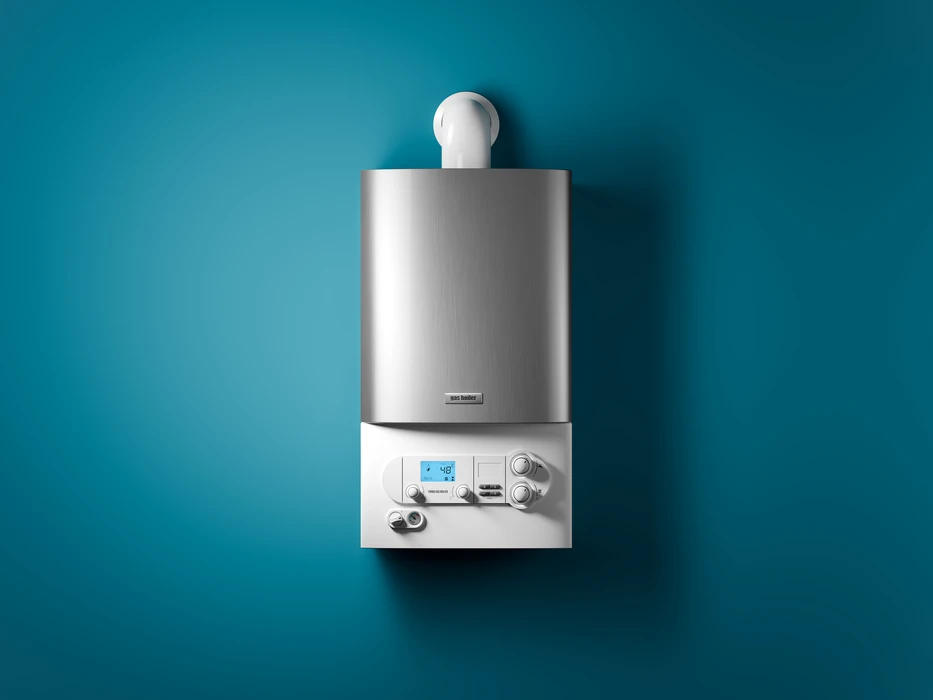 Intérieur moderne avec chaudière murale condensation gaz installée sur mur turquoise