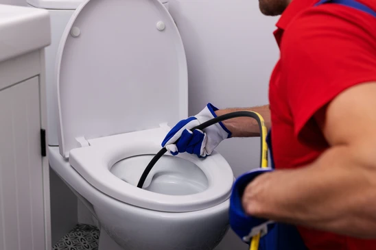 Technicien en combinaison rouge effectue débouchage canalisation dans toilettes résidentielles avec furet électrique professionnel